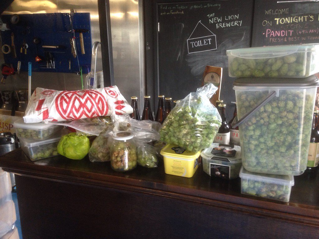 What 1,375g of fresh hops harvested from our patchwork hop farm look like...